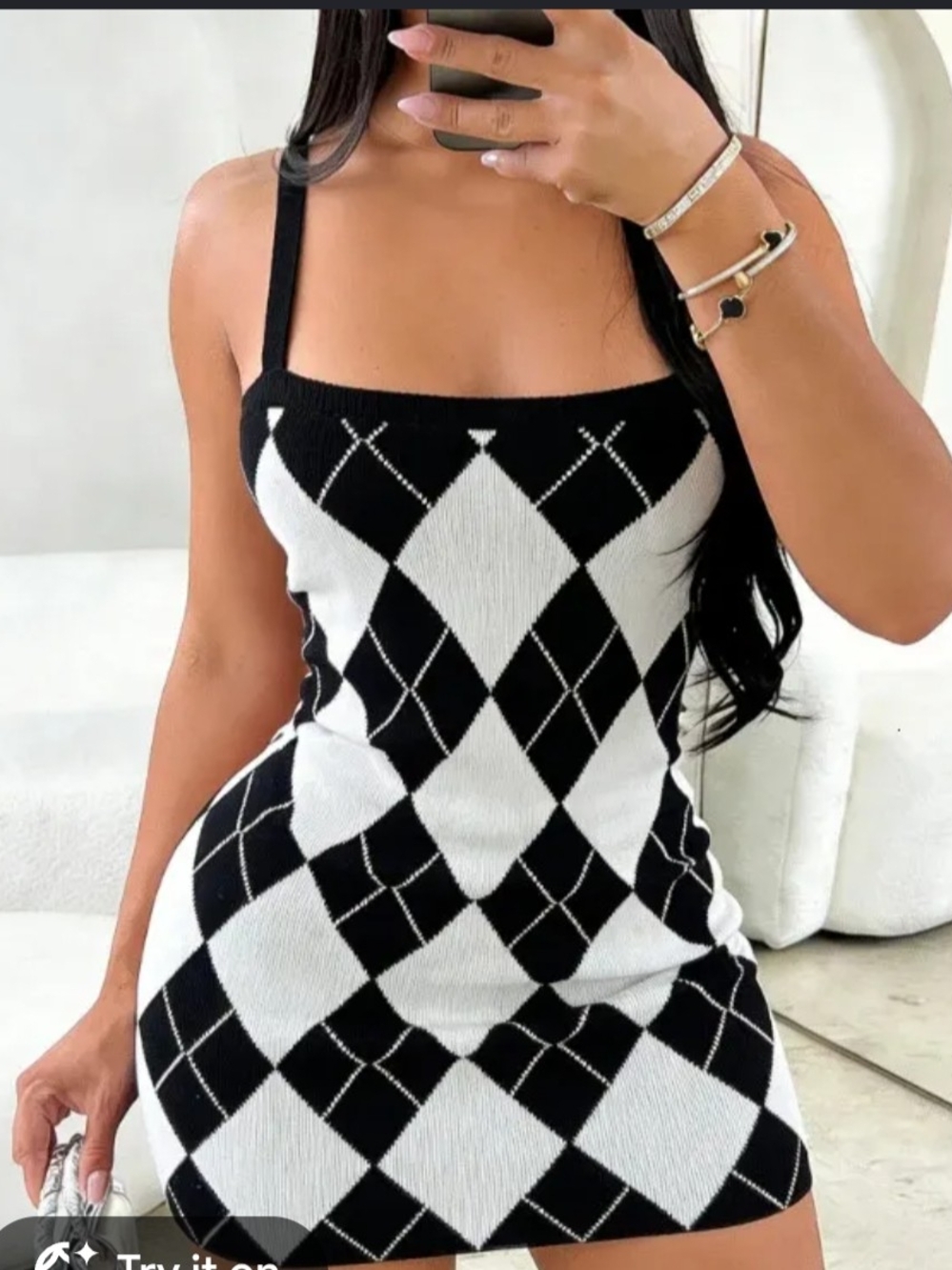 Argyle Knit Mini Dress in Black and White